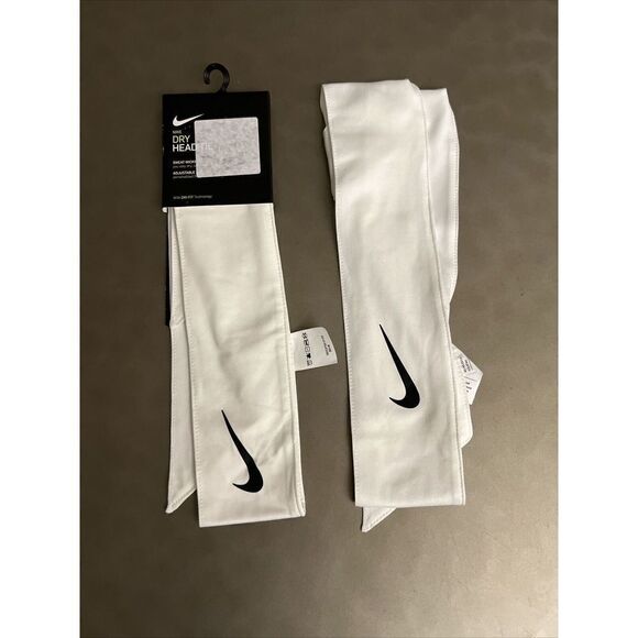 Nike Swoosh Dri-Fit Running White w/Black Swoosh Head Tie Headbands Set Of 2 - Picture 1 of 2